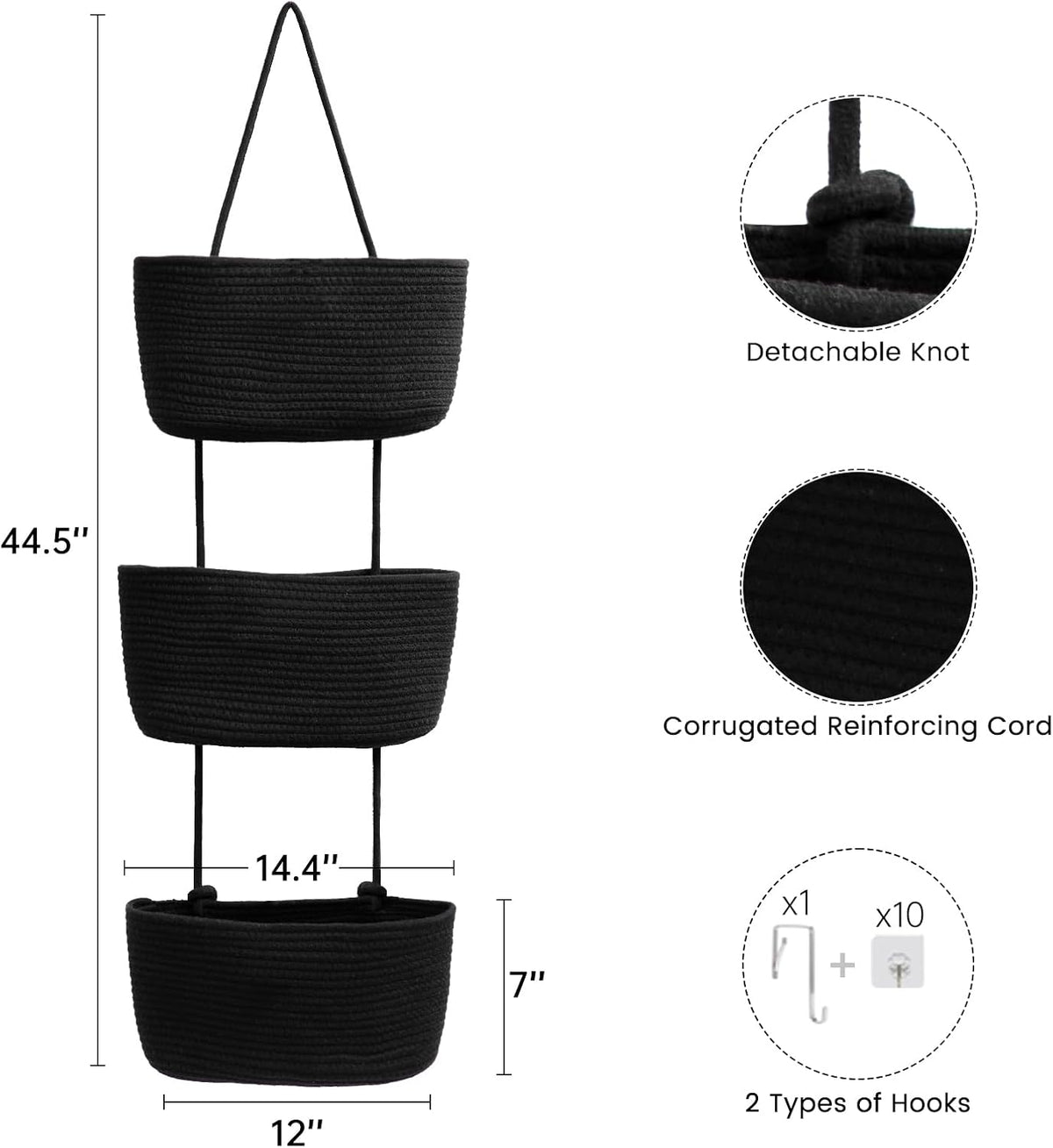 Over the Door Hanging Storage Basket, 3 Tier Wall Organizer Black