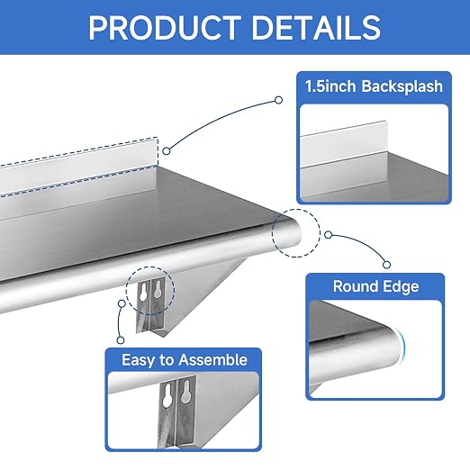 ROCKPOINT Stainless Steel Shelf 12 x 48 Inches 350lb, NSF Metal Commercial - Image 4