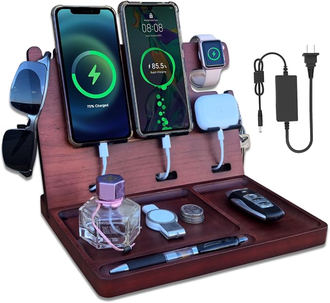 Wood Phone Docking Station for Men Nightstand Organizer Charger by JuncaiTech