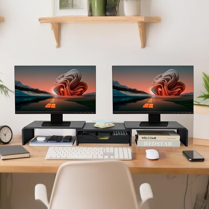 Dual Monitor Stand Riser with Drawer, Computer Stand - Image 3
