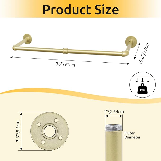 2 Packs Gold Industrial Pipe Clothes Rack, 36 inch Pipe Garment Rack Hanging - Image 2