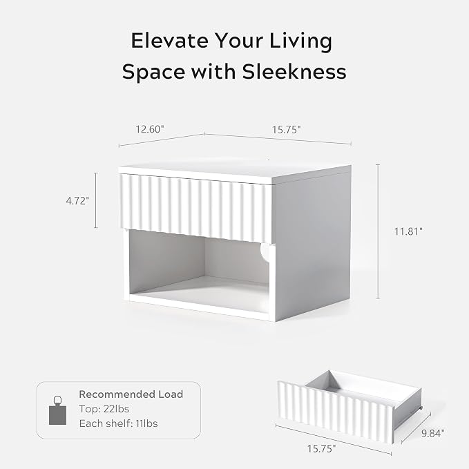 Small Floating Nightstand with Drawer, Modern Night Stand with Fluted Door and - Image 2