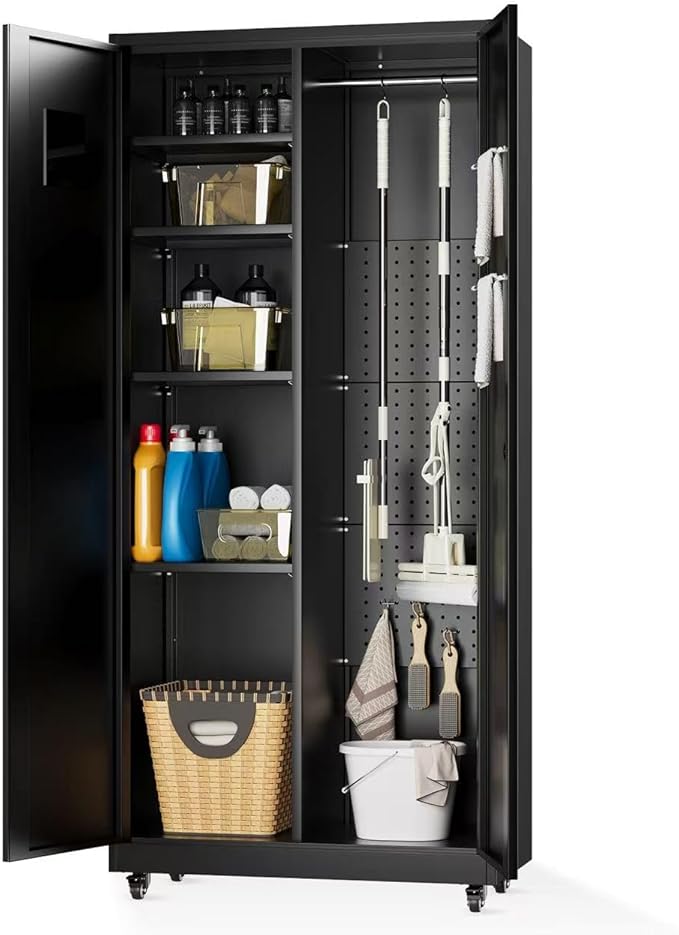 Metal Broom Closet, Garage Storage Cabinet, Tool Chest Bathroom Cabinet by Synorla