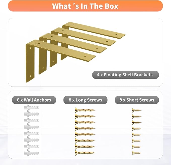 Gold Heavy Duty Shelf Brackets 8 Inch, Extra Thick L Shelving Brackets - Image 5