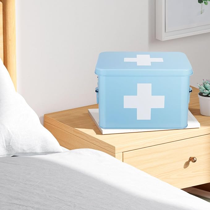 Flexzion First Aid Organizer, 8.5 Inch Blue Vintage Metal Kit Tin - Image 6