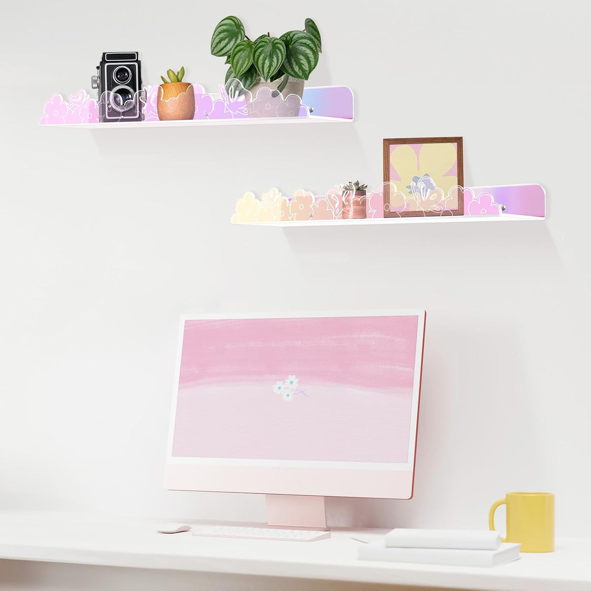 4 Pack Floating Shelves for Wall 15.7" Adhesive Iridescent Acrylic