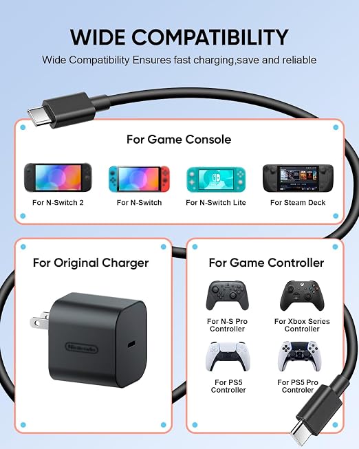 2 Pack Switch 2 Charging Cable, Extra Long Power Cord - Image 3