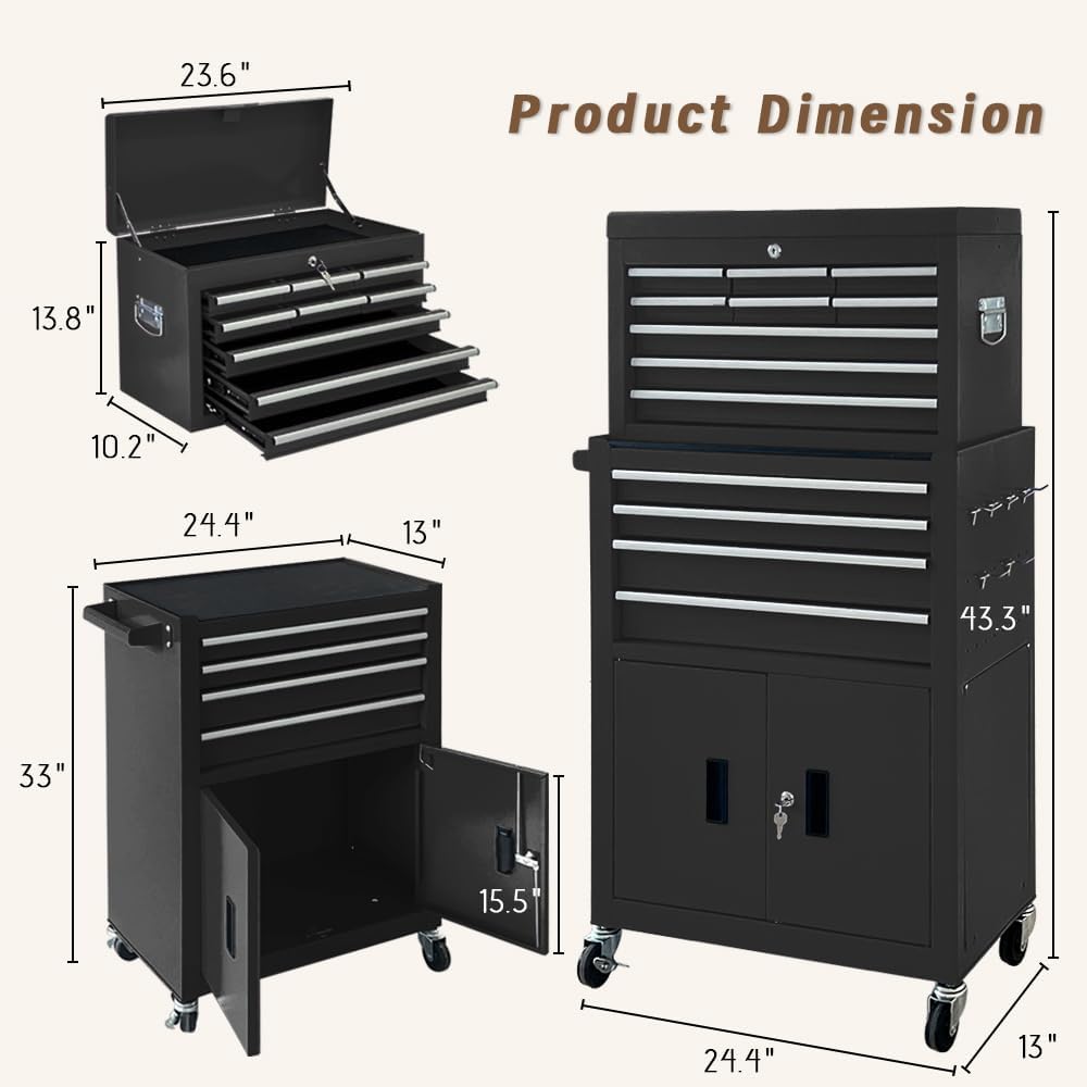 13-Drawer Double Doors Handle Rolling Tool Chest, 2 in 1 Detachable