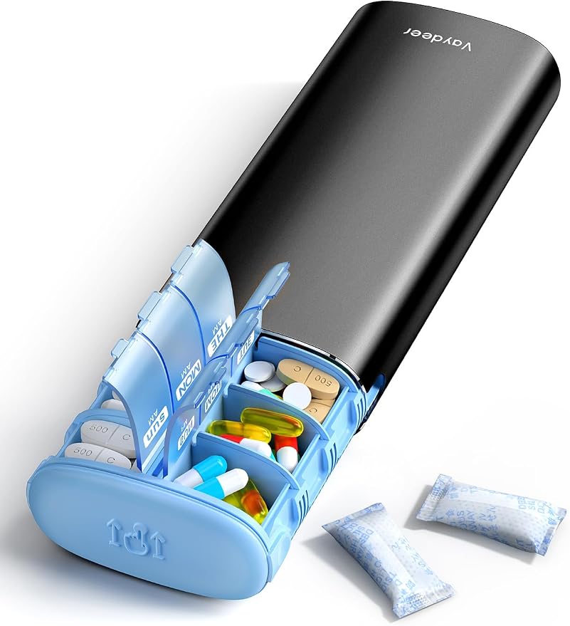 Vaydeer Metal 7 Day Pill Organizer 2 Times a Day – AM PM Weekly Travel Pill Case by Vaydeer
