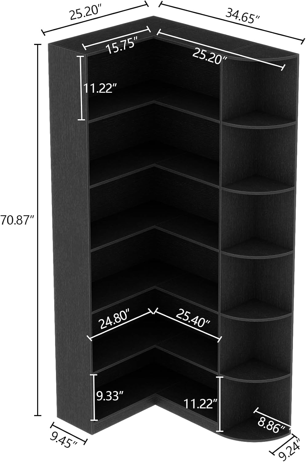 6-Tier Black Corner Bookshelf, 70.87" Tall L-Shaped Bookcase