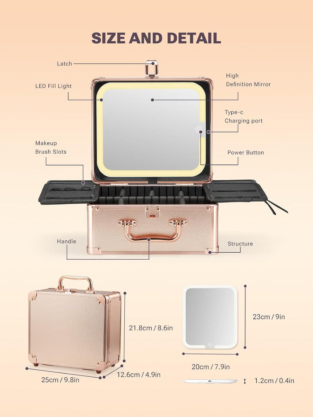 Makeup Box with Detachable Magnetic LED Mirror, Travel Train Case