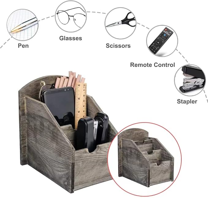VERGOODR 3 Slot Rustic Wooden Remote Control Frame Media Organizer, Office - Image 2