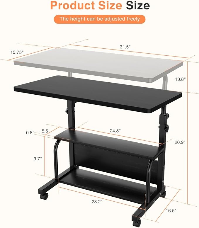 Portable Rolling Desk on Wheels Adjustable Height Desks - Image 3