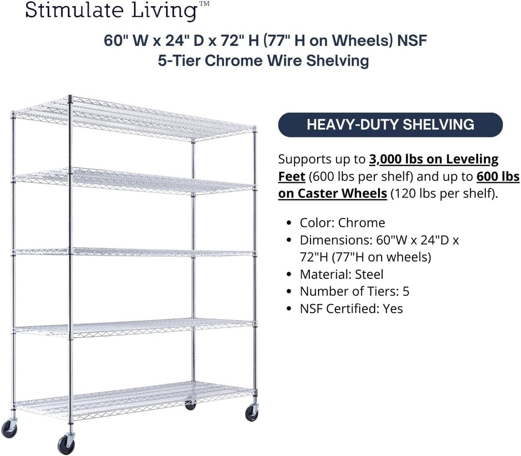 60"x24"x72" Heavy Duty Chrome Wire Shelving Unit, 5-Tier NSF Certified