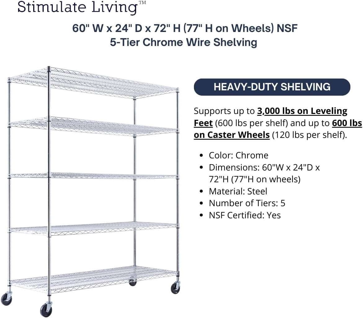 60"x24"x72" Heavy Duty Chrome Wire Shelving Unit, 5-Tier NSF Certified