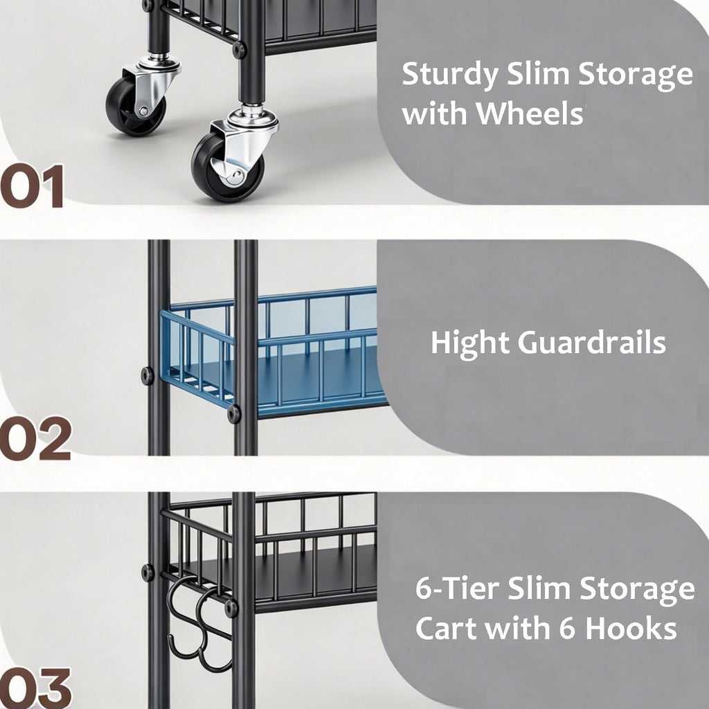 Slim Storage Cart with Wheels, Metal 6-Tier 6in Black Narrow Rolling
