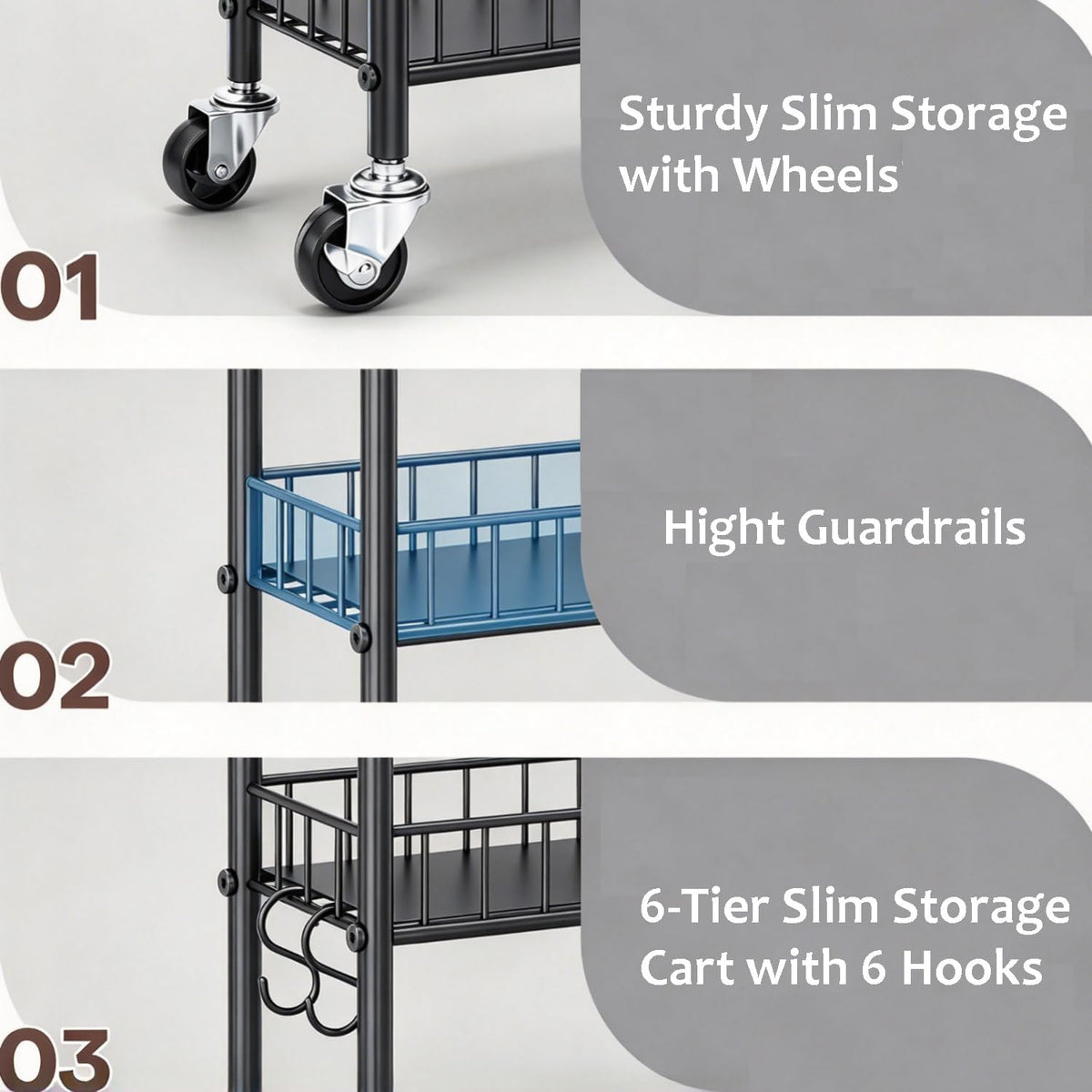 Slim Storage Cart with Wheels, Metal 6-Tier 6in Black Narrow Rolling