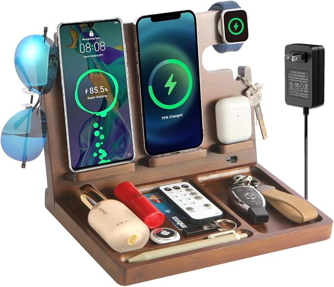 Wood Phone Docking Station Dual Phone Wireless Charging Station Organizer by BaitengTech