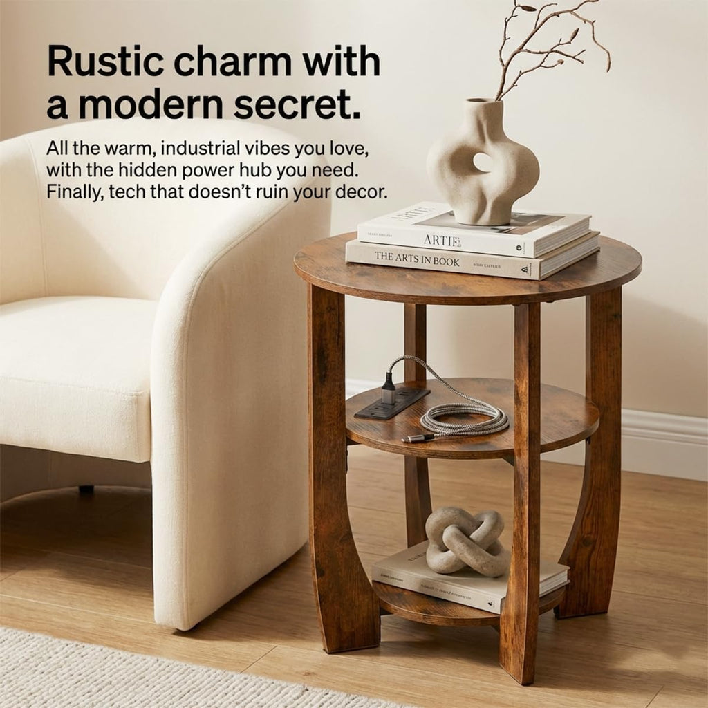 Round Side Table with Charging Station,19.7" D,Rustic Brown