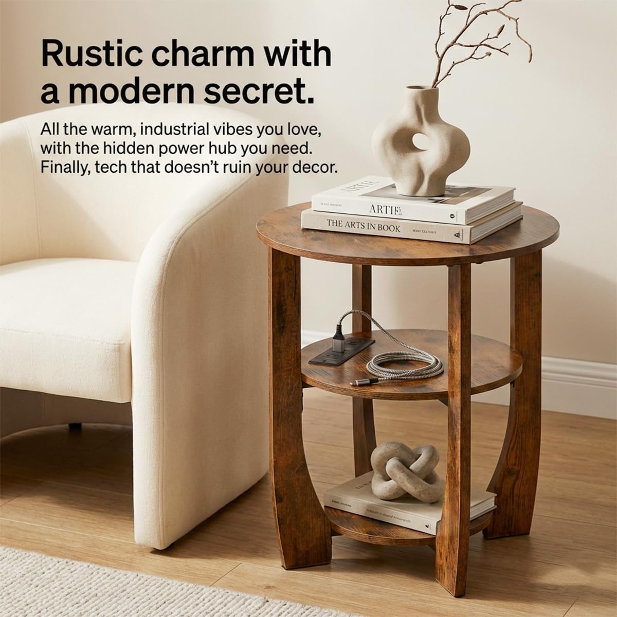 Round Side Table with Charging Station,19.7" D,Rustic Brown