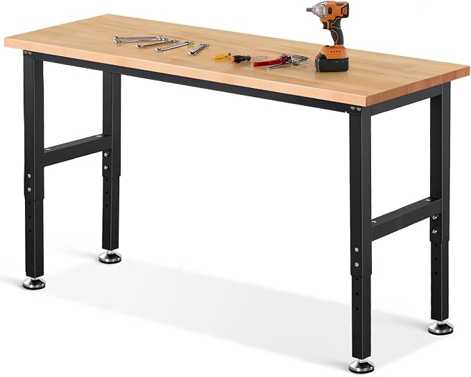 Work Bench 60 Inch Work Table for Garage Heavy Duty Rubberwood Tabletop by ENJOYWOOD