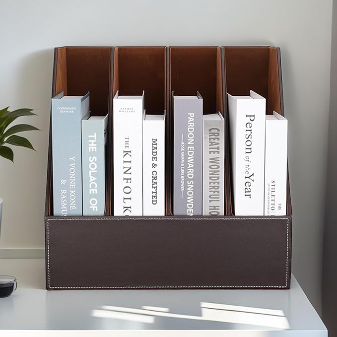 KINGFOM 4-Slot Wood Leather Document Files Holder Rack Stand Desk Files - Image 2