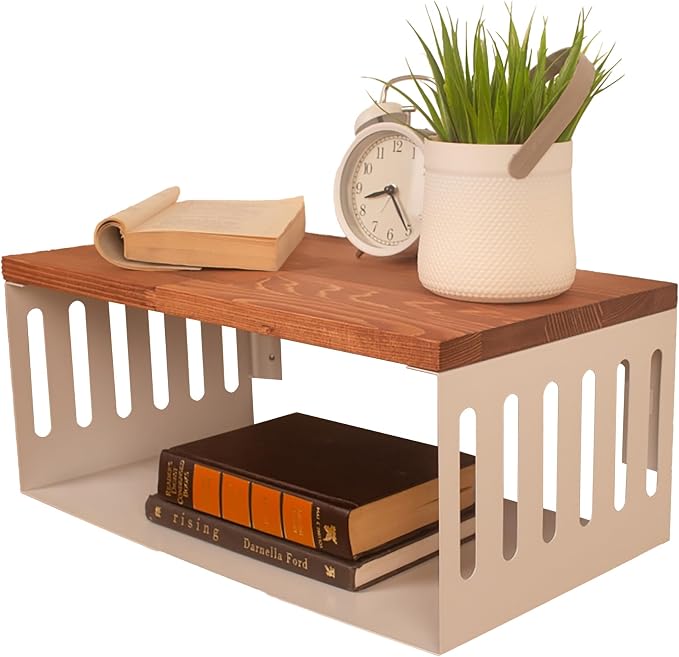 Floating Nightstand with White Metal Base, Wooden Top and Sturdy Metal Base by Woodches