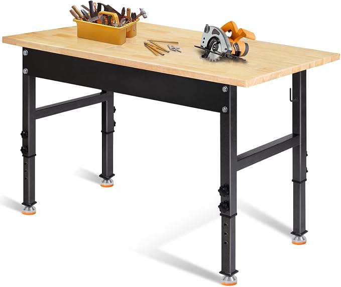 48" Adjustable Work Bench, Rubber Wood Top Workbench Heavy-Duty Work Table by PolarAurora
