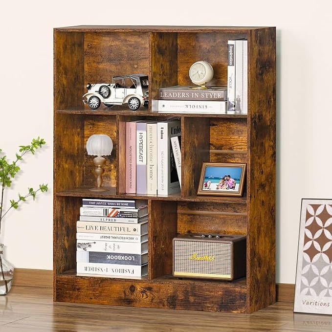 LEYAOYAO 7 Cube Bookshelf with Base, 3 Tier Mid-Century Modern Brown Bookcase by LEYAOYAO-Findtheshiningpointofyourideallife%EF%BC%81