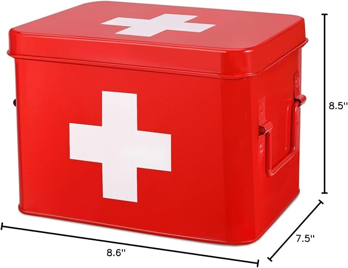 Flexzion First Aid Box Organizer, Empty 8.5 Inch Red Vintage First Aid Kit Tin - Image 10