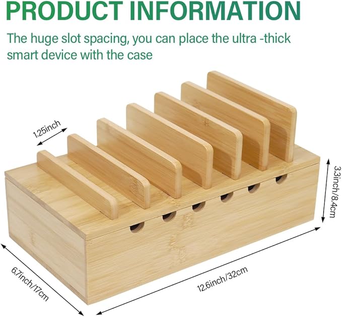 Bamboo Charging Station for Multiple Devices, Desk Docking Stations Organizer - Image 3