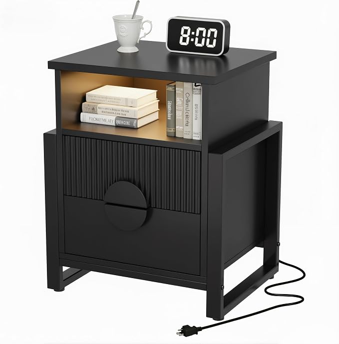 Fluted Nightstand with Charger Station Strip Lights, Large Accent Bed Side by WelcometoHolliWill