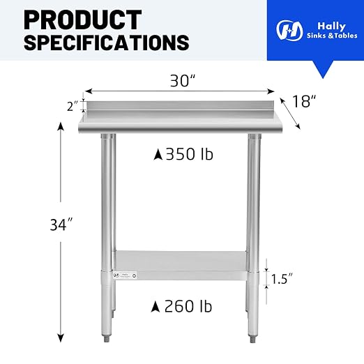 Hally Stainless Steel Table for Prep & Work 18 x 30 Inches, NSF Commercial - Image 3