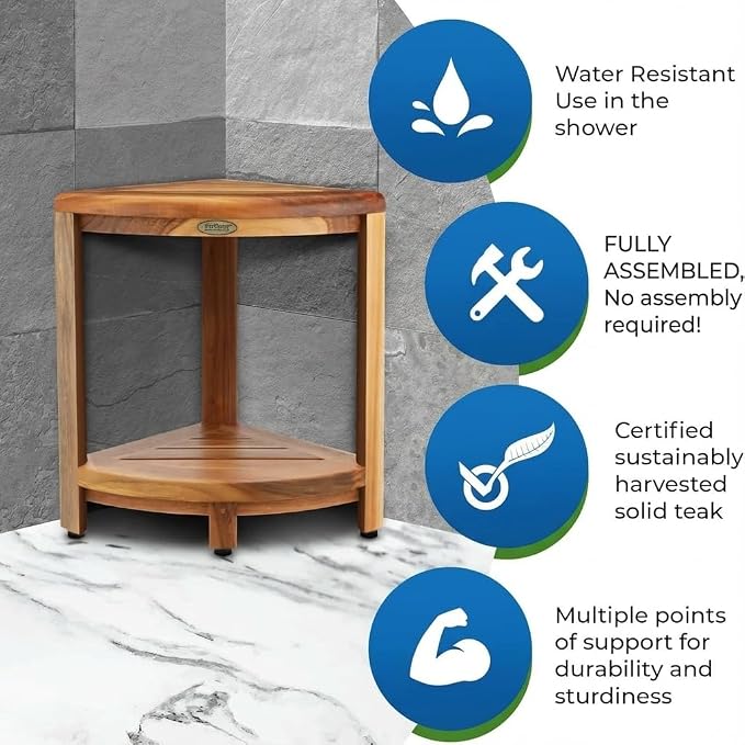 EcoDecors Fully Assembled SnazzyCorner® 18" Teak Shower Bench, Corner Shower - Image 3
