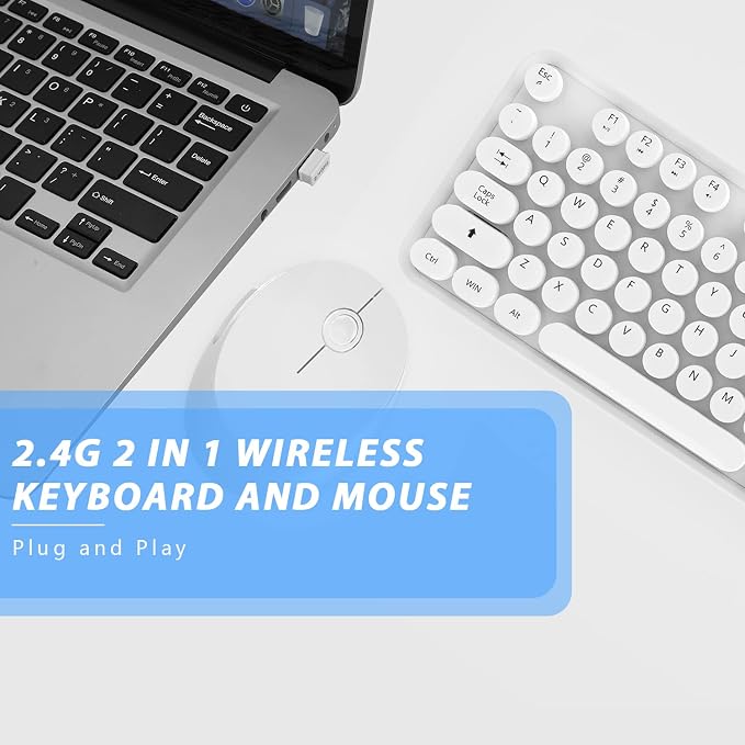 Wireless Keyboard Mouse Combo, 104 Keys Cute White Keyboard - Image 4