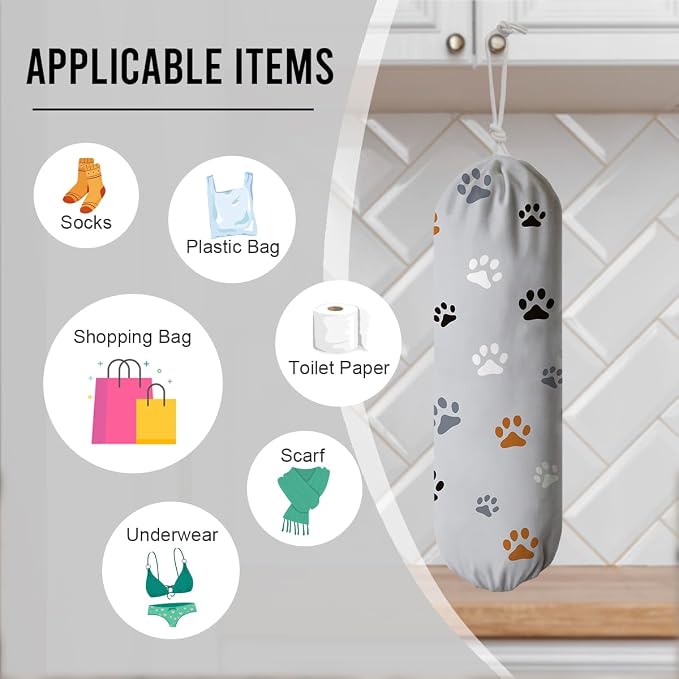 Paw Prints Plastic Bag Holder, Reusable Grocery Garbage Bags Holder, Wall Mount - Image 3