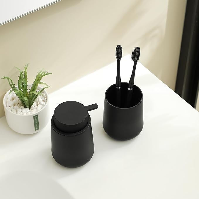 Matte Black Bathroom Accessories 2 Piece Set Plastic Soap Dispenser and - Image 3