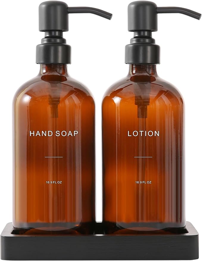 Amber Glass Soap Dispenser Set, Hand Soap and Lotion Set by PrusWaso