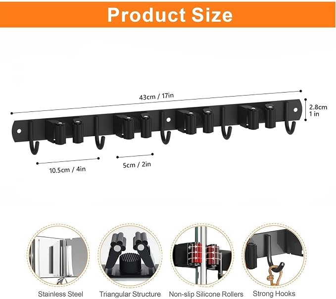 Mop and Broom Holder Wall Mount, Upgraded Broom Organizer Wall Mount, Stainless - Image 5
