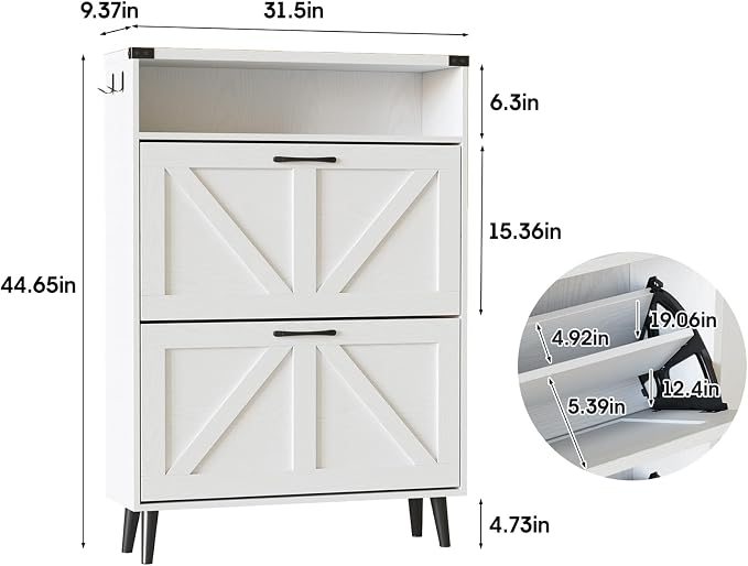 Shoe Cabinet with 2 Flip Drawers & Open Storage, Farmhouse Shoe Storage Cabinet - Image 2