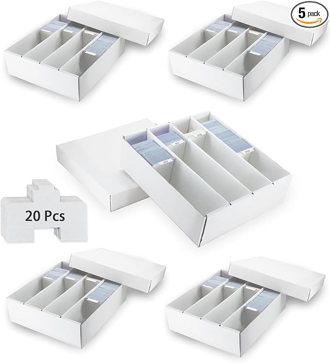 4 Row Trading Card Storage Box, 5 Pack 3200 Count White Cardboard Storage Box by XRACV