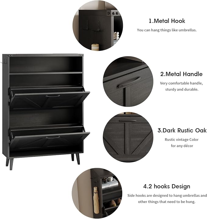Shoe Cabinet with 2 Flip Drawers & Open Storage, Farmhouse Shoe Storage Cabinet - Image 3