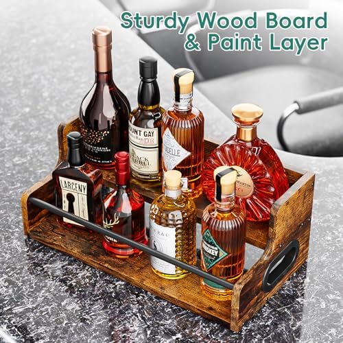 KLM Liquor Bottle Display Shelf, Coffee Syrup Rack Organizer, 2 Step Countertop Liquor Wine Rack, mini bar,Liquor Cabinet, Home Retro Bar Shelf Stand for Liquor Whiskey, Spirits, Brown