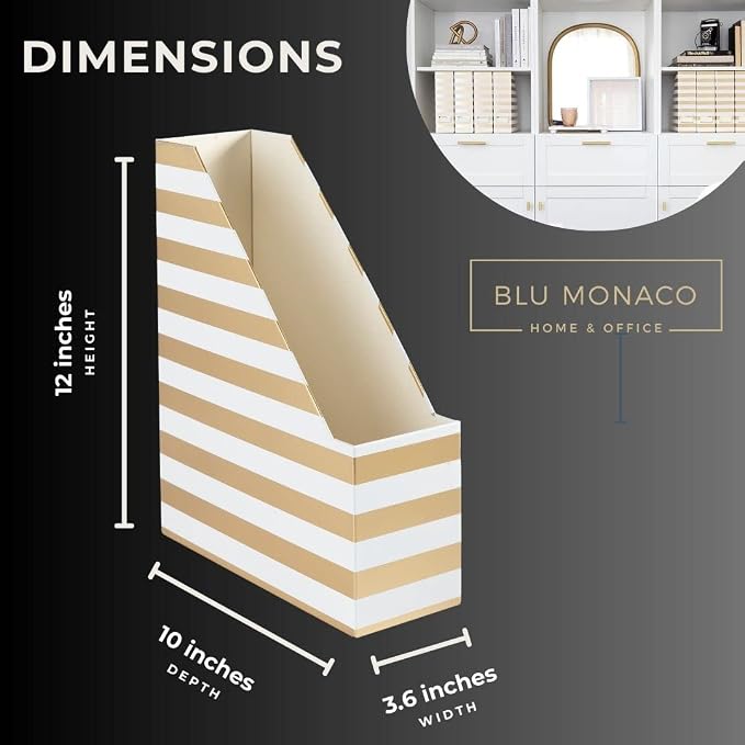 BLU MONACO Set of 4 Gold & White Striped Magazine File Boxes | Foldable - Image 7
