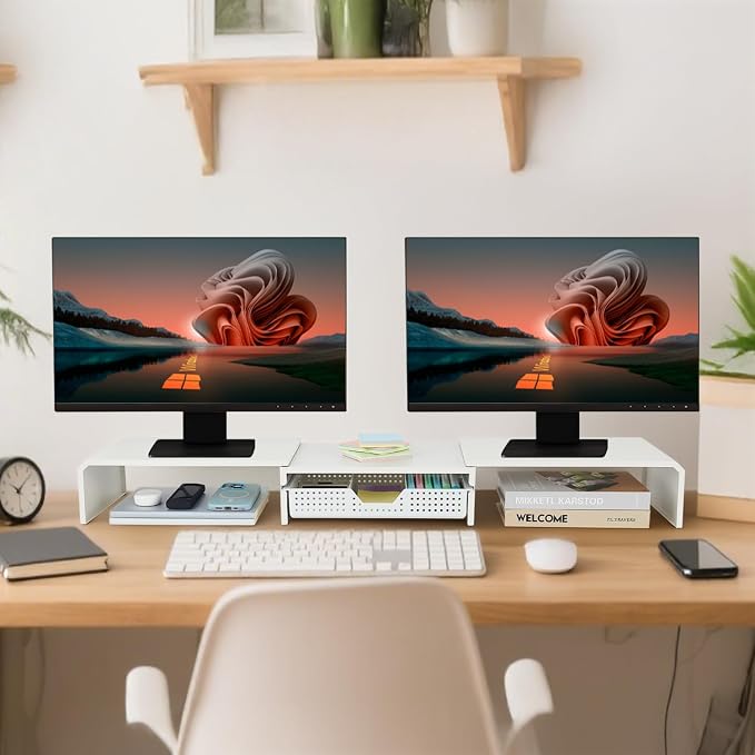 Dual Monitor Stand Riser with Drawer, Desk Organizer and Accessories, Metal - Image 3