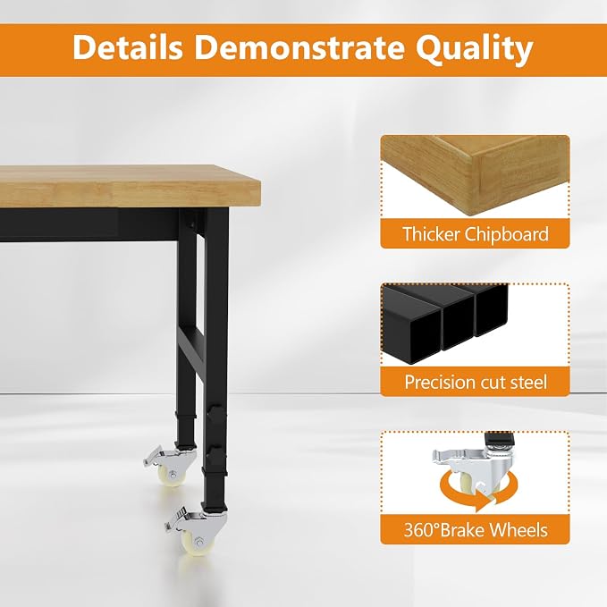 48" Work Bench with Drawers, Adjustable Height Workbench with Wheels, - Image 3