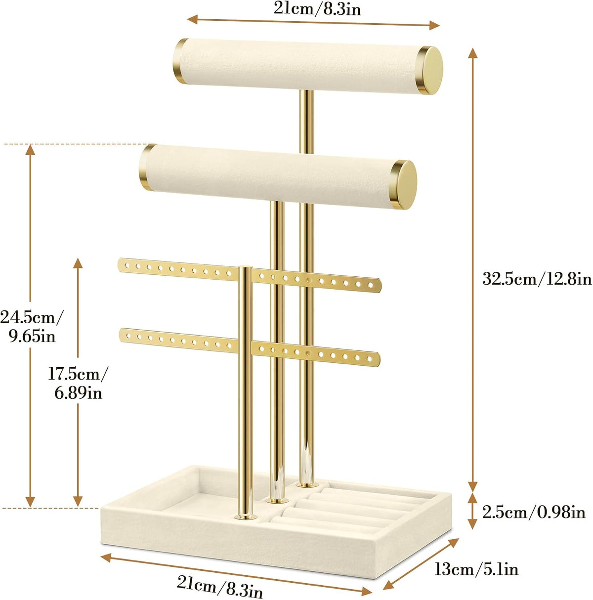 Bracelet Holder Jewelry Organizer Display - 3 Tier T Bar Velvet Stand