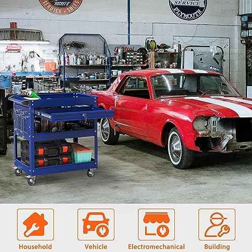 3 Tier Heavy Duty Rolling Tool Cart with Drawers, Large Storage Utility Cart on Wheels for Garage, Warehouse, Repair Shop (Deep Blue)