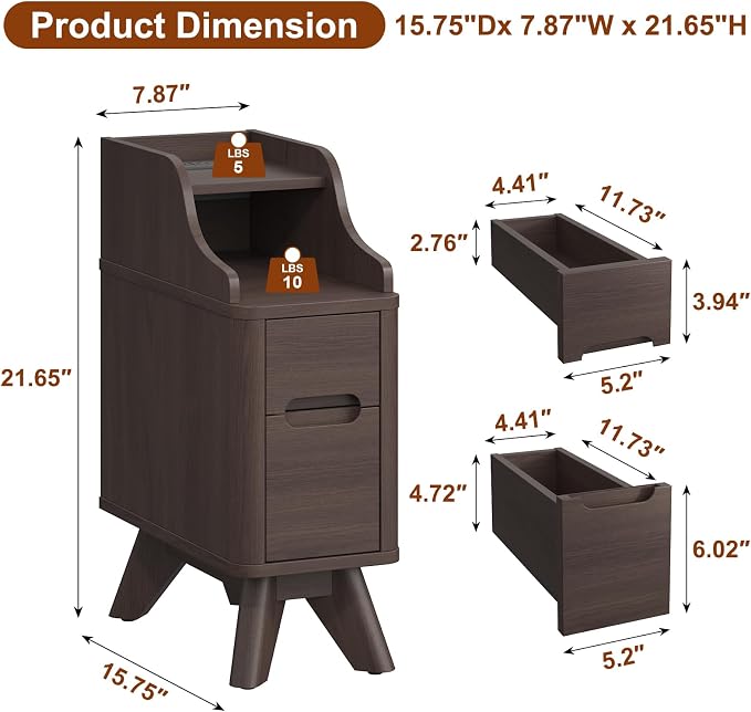 Narrow Nightstand with Drawers, Wood Night Stand with Charger Station, Narrow - Image 2