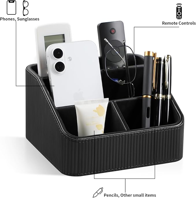 Remote Control Holder with 4 Compartments, PU Leather Small Nightstand Organizer - Image 4